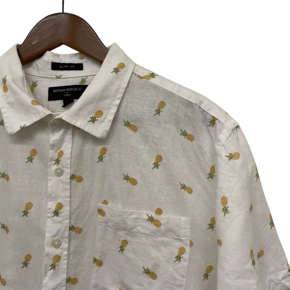 Banana Republic White Pineapple Linen Blend Slim Fit Long Sleeve Men's Shirt L
